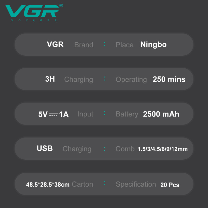 Акумуляторна машинка для стриження (clipper) VGR V-003 GREEN, 6 насадок, TURBO режим 9000 RPM, керамічне лезо, LED display