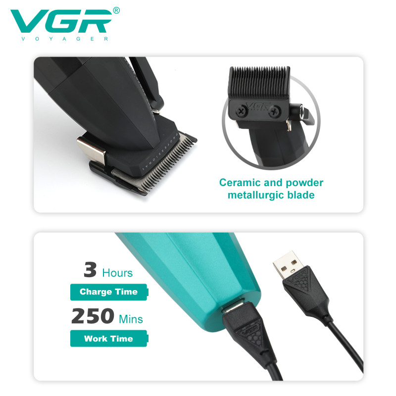 Акумуляторна машинка для стриження (clipper) VGR V-003 GREEN, 6 насадок, TURBO режим 9000 RPM, керамічне лезо, LED display