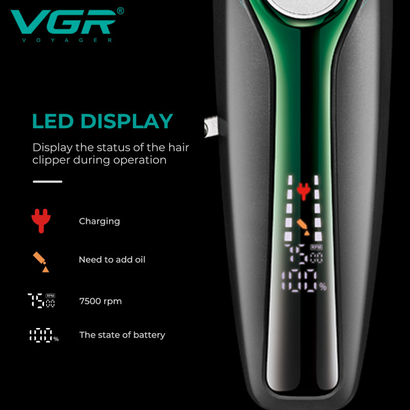 Акумуляторна машинка для стриження (clipper) VGR V-010 GREEN, 6 насадок, 7500 RPM, 2600 mAh, LED display