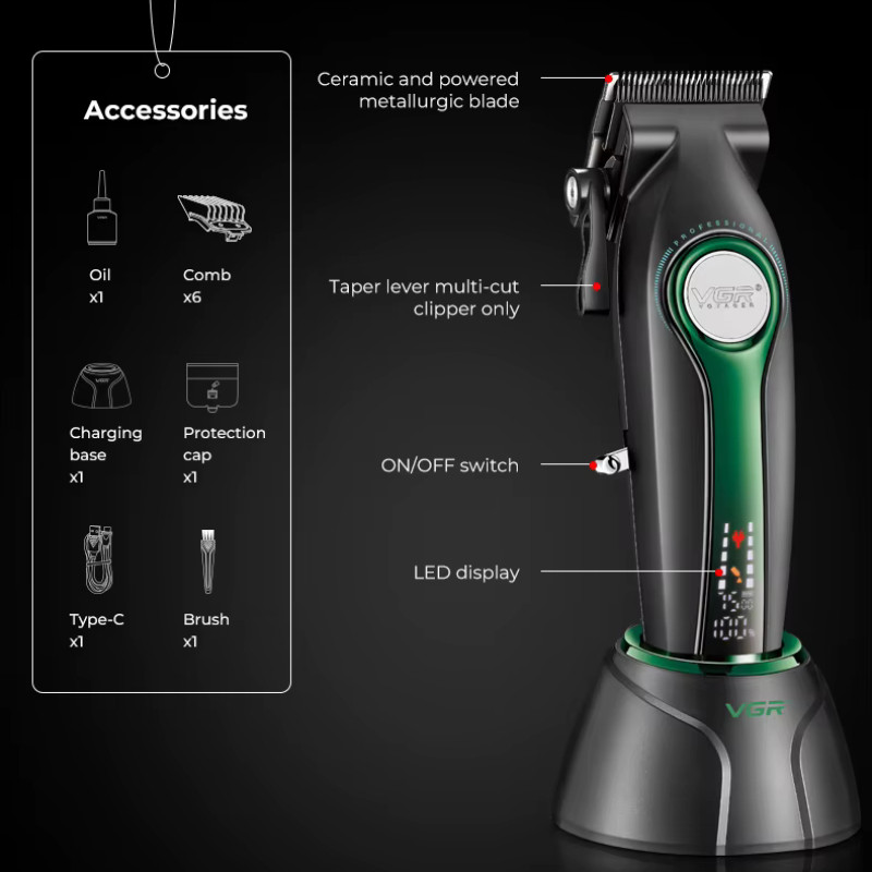 Акумуляторна машинка для стриження (clipper) VGR V-010 GREEN, 6 насадок, 7500 RPM, 2600 mAh, LED display