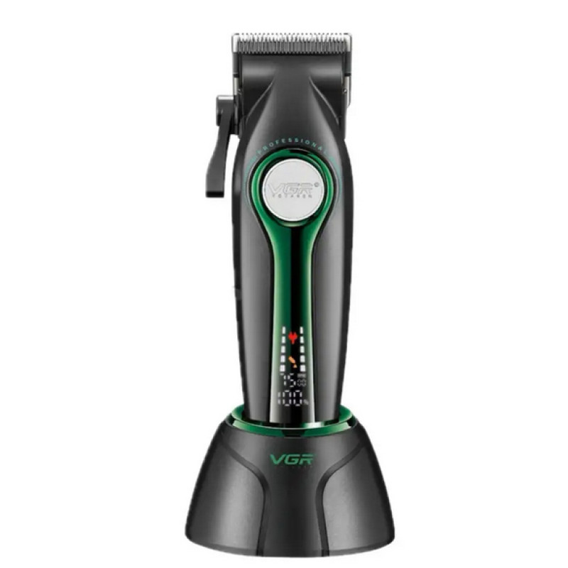 Акумуляторна машинка для стриження (clipper) VGR V-010 GREEN, 6 насадок, 7500 RPM, 2600 mAh, LED display
