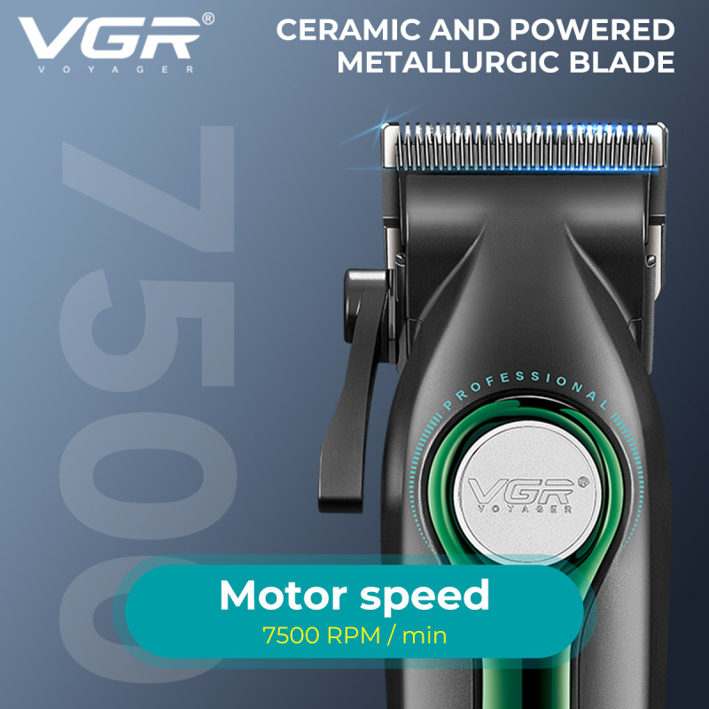 Акумуляторна машинка для стриження (clipper) VGR V-010 GREEN, 6 насадок, 7500 RPM, 2600 mAh, LED display