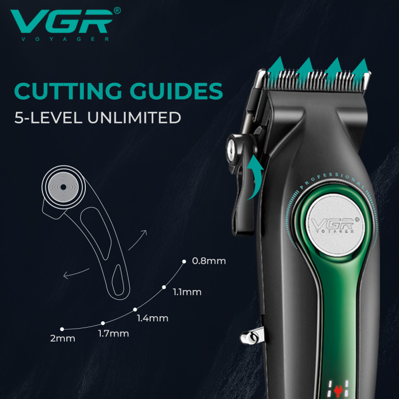 Акумуляторна машинка для стриження (clipper) VGR V-010 GREEN, 6 насадок, 7500 RPM, 2600 mAh, LED display