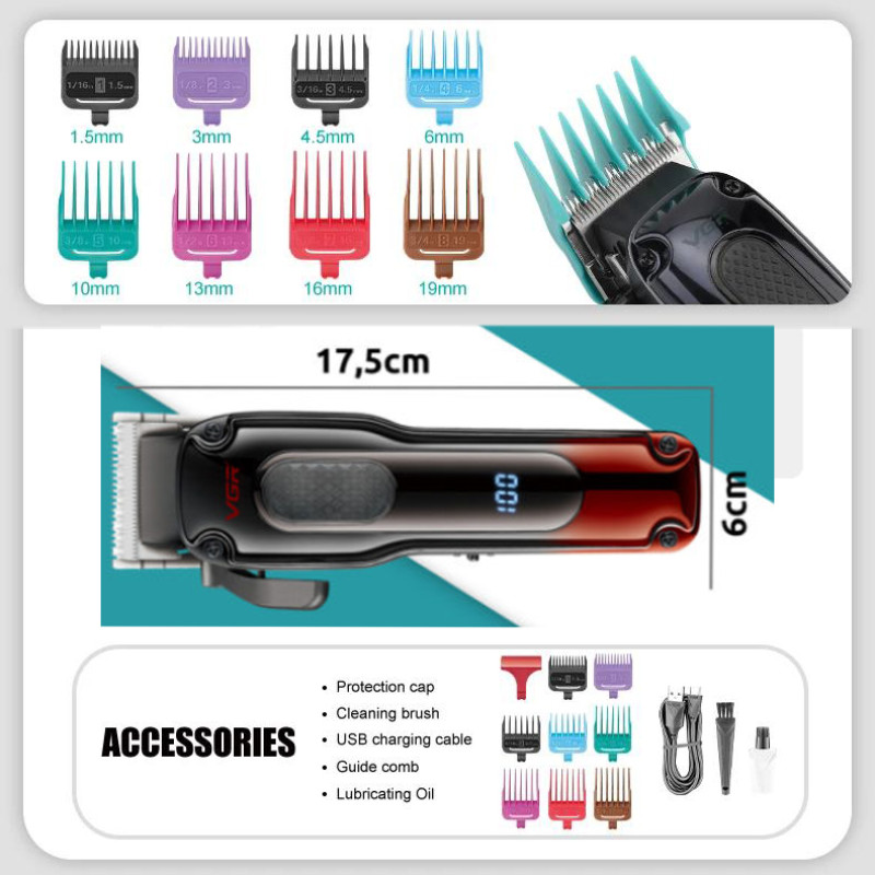 Акумуляторна машинка для стриження (clipper) VGR V-013 BLUE, 8 насадок, 6500 RPM, 2000 mAh, LED display