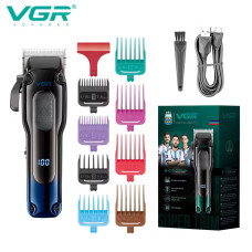 Акумуляторна машинка для стриження (clipper) VGR V-013 BLUE, 8 насадок, 6500 RPM, 2000 mAh, LED display