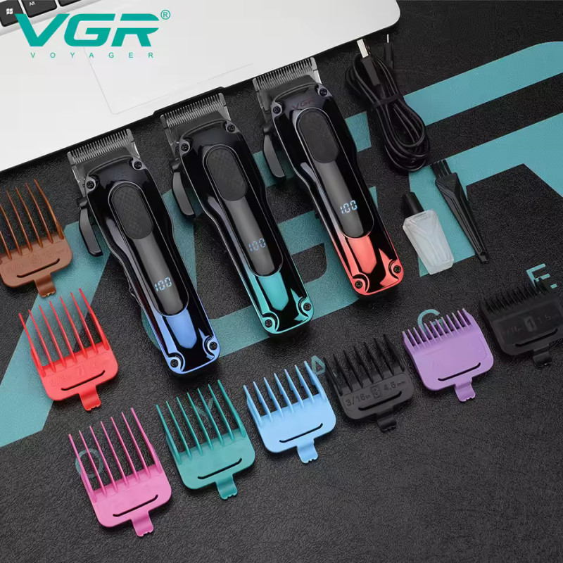 Акумуляторна машинка для стриження (clipper) VGR V-013 BLUE, 8 насадок, 6500 RPM, 2000 mAh, LED display