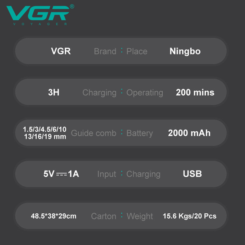 Аккумуляторная машинка для стрижки (clipper) VGR V-013 GREEN, 8 насадок, 6500 RPM, 2000 mAh, LED display оптом в Украине