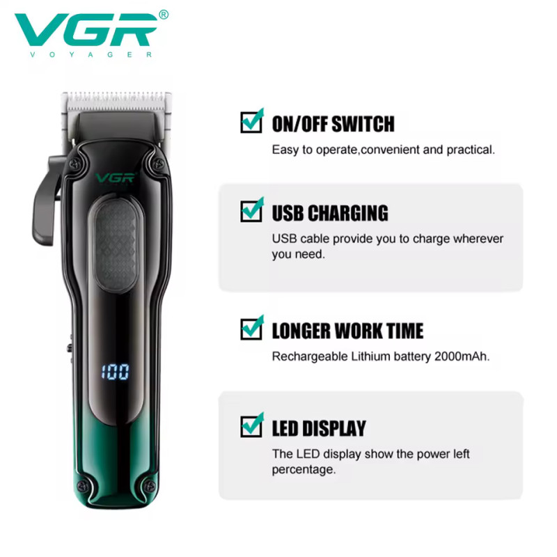 Аккумуляторная машинка для стрижки (clipper) VGR V-013 GREEN, 8 насадок, 6500 RPM, 2000 mAh, LED display оптом в Украине