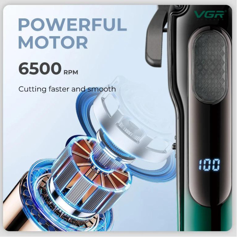Акумуляторна машинка для стриження (clipper) VGR V-013 RED, 8 насадок, 6500 RPM, 2000 mAh, LED display