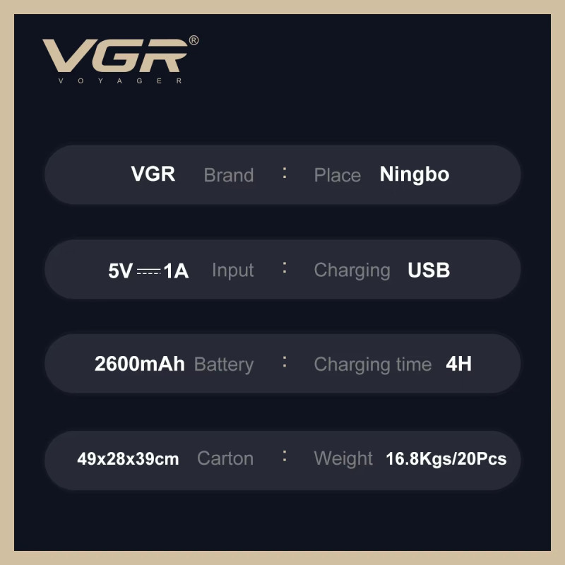 Акумуляторна машинка для стриження (clipper) VGR V-027, 8 насадок, 7000 RPM, 2600 mAh, LED display
