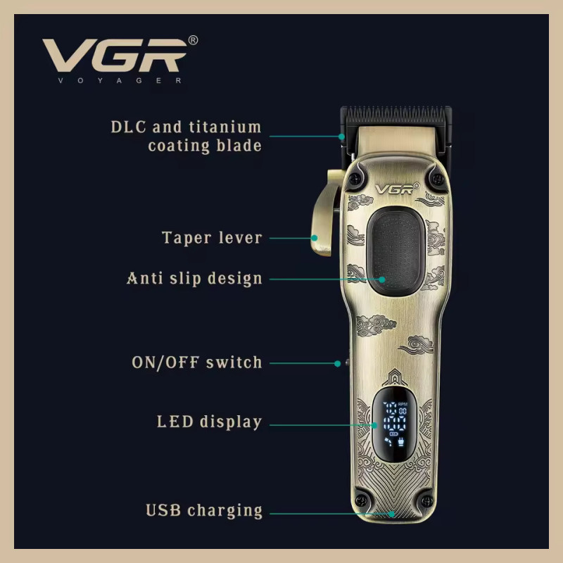 Акумуляторна машинка для стриження (clipper) VGR V-027, 8 насадок, 7000 RPM, 2600 mAh, LED display