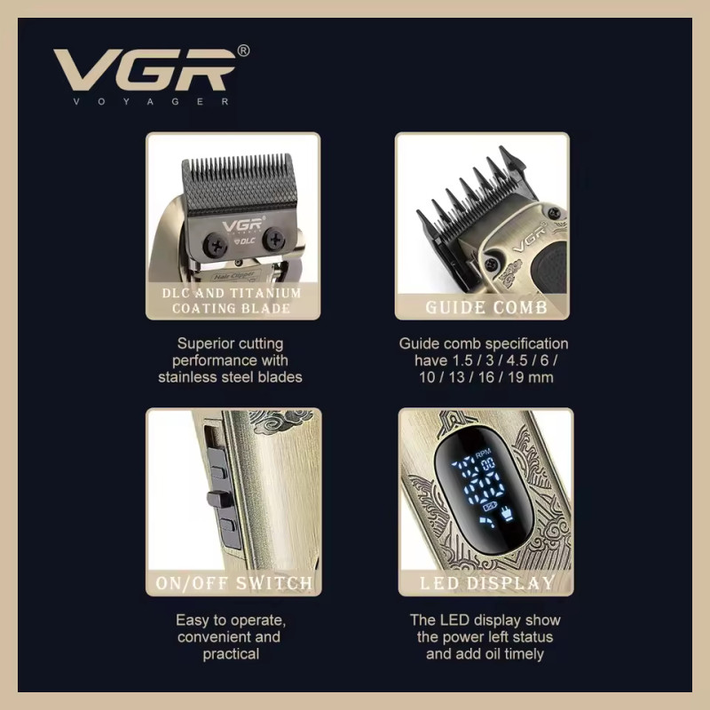 Акумуляторна машинка для стриження (clipper) VGR V-027, 8 насадок, 7000 RPM, 2600 mAh, LED display