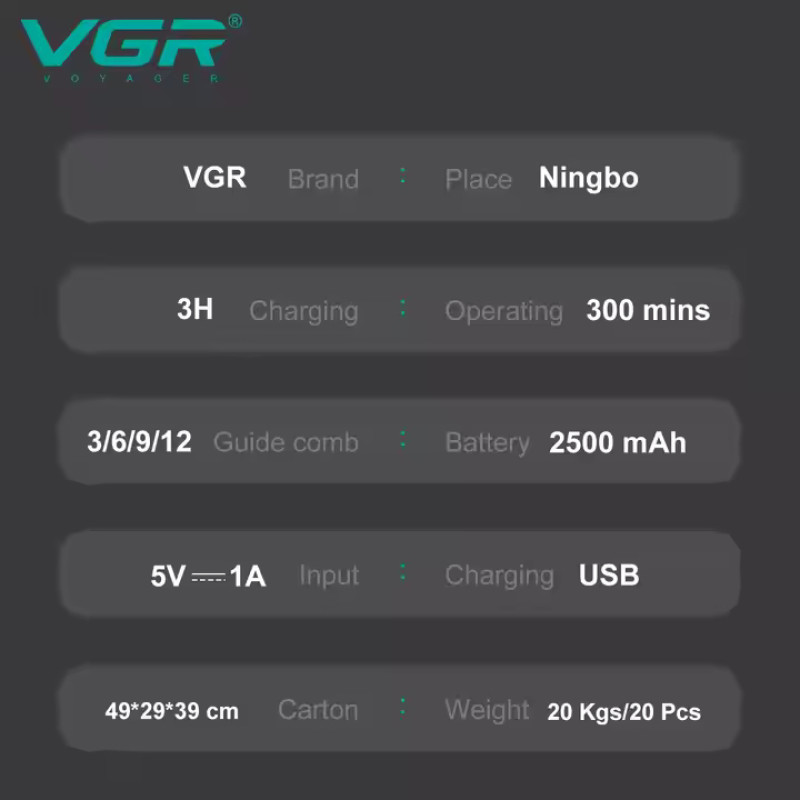 Акумуляторна машинка для стриження (clipper) VGR V-051, 4 насадки, 2500 mAh, LED display