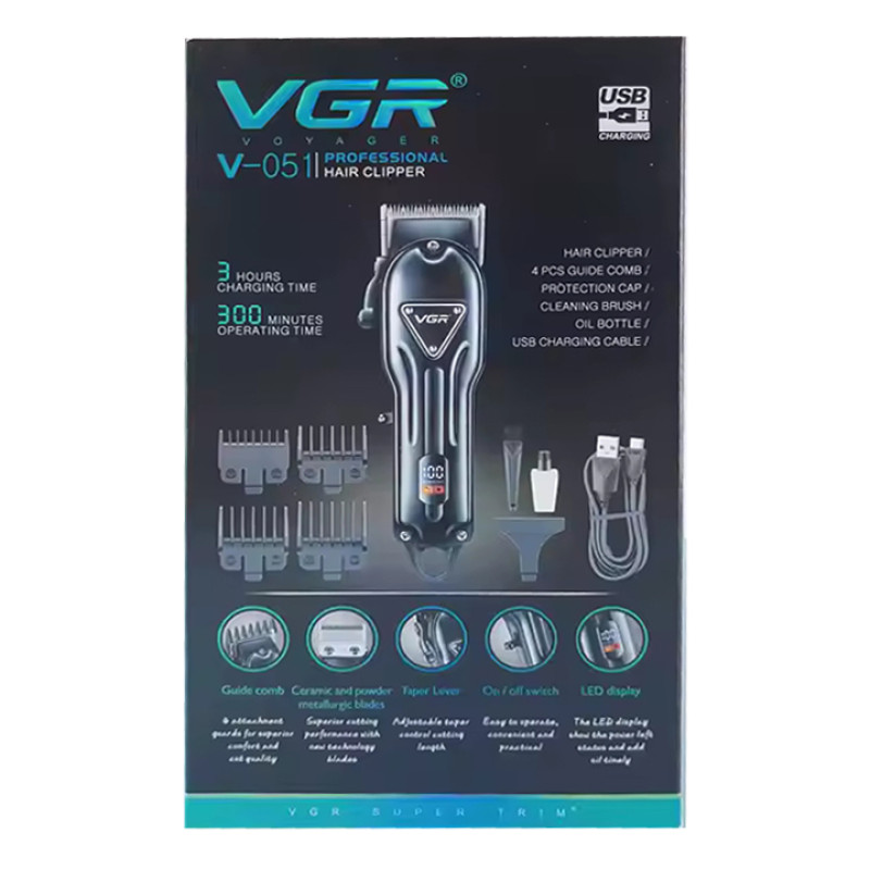 Акумуляторна машинка для стриження (clipper) VGR V-051, 4 насадки, 2500 mAh, LED display
