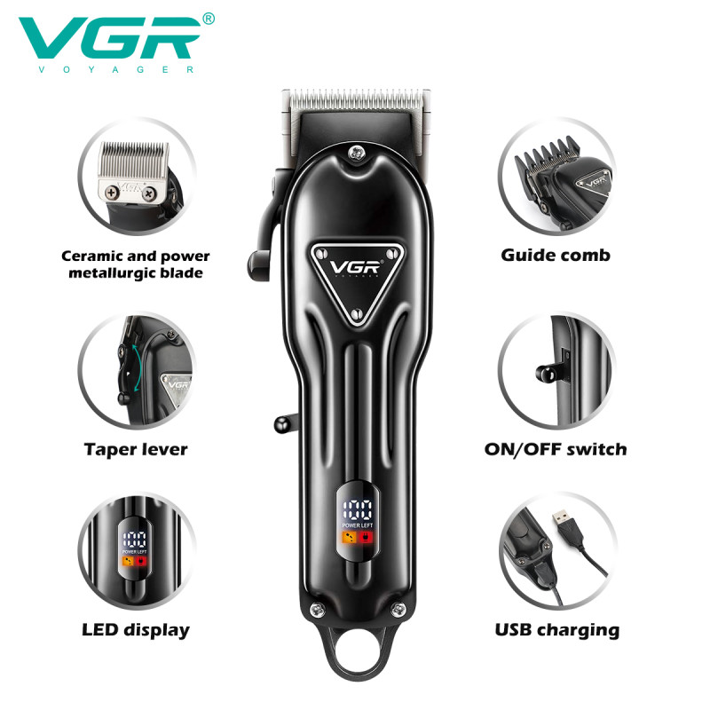 Акумуляторна машинка для стриження (clipper) VGR V-051, 4 насадки, 2500 mAh, LED display