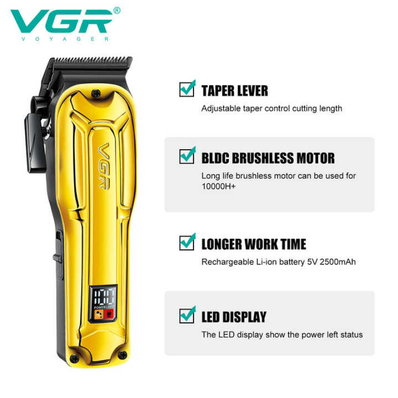 Акумуляторна машинка для стриження (clipper) VGR V-138 GOLD, 4 насадки, 7000 RPM, 2500 mAh, LED display