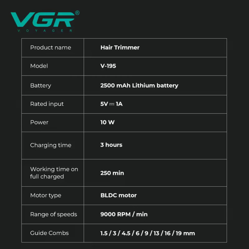 Аккумуляторная машинка для стрижки (clipper) VGR V-195 GOLD, 8 насадок, 9000 RPM, 2500 mAh, LED display оптом в Украине