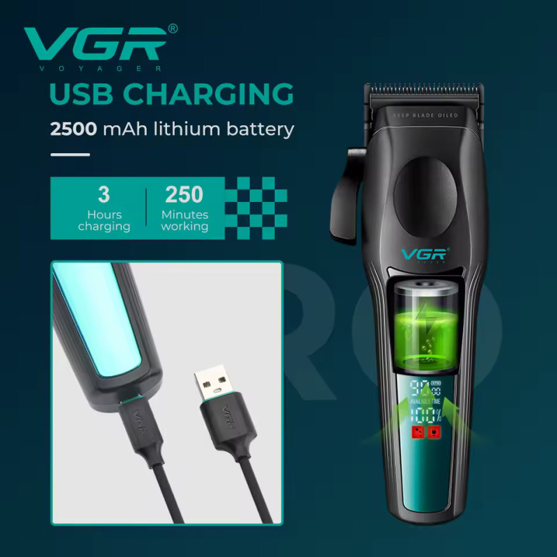 Аккумуляторная машинка для стрижки (clipper) VGR V-195 GREEN, 8 насадок, 9000 RPM, 2500 mAh, LED display оптом в Украине