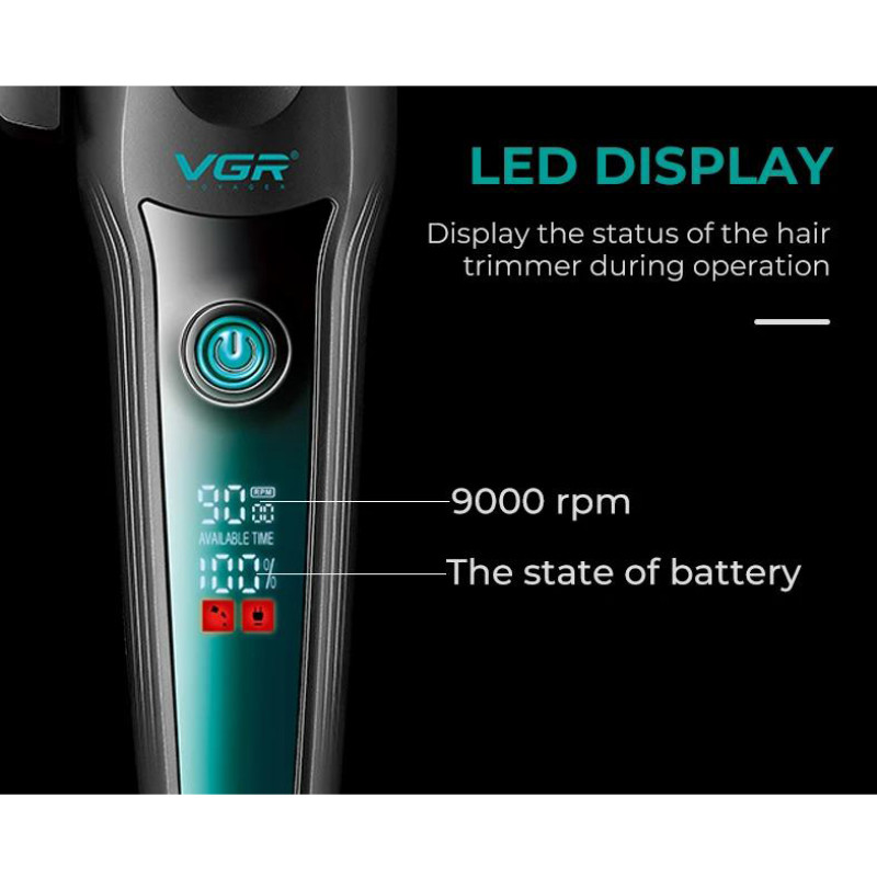 Аккумуляторная машинка для стрижки (clipper) VGR V-195 GREEN, 8 насадок, 9000 RPM, 2500 mAh, LED display оптом в Украине