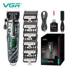 Акумуляторна машинка для стриження (clipper) VGR V-279 GREEN, 6 насадок, 9000 RPM, 2500 mAh, LED display