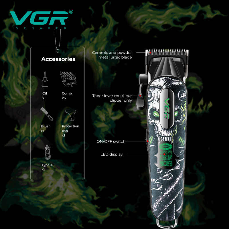 Акумуляторна машинка для стриження (clipper) VGR V-279 GREEN, 6 насадок, 9000 RPM, 2500 mAh, LED display
