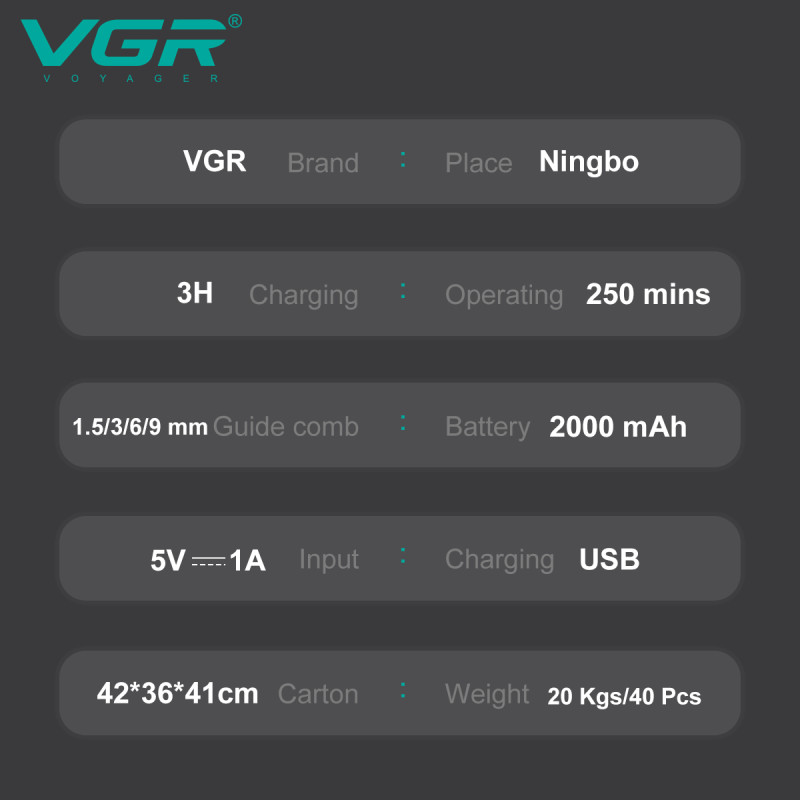 Акумуляторна машинка для стриження (clipper) VGR V-904 GOLD, 4 насадки, 2000 mAh, LED display