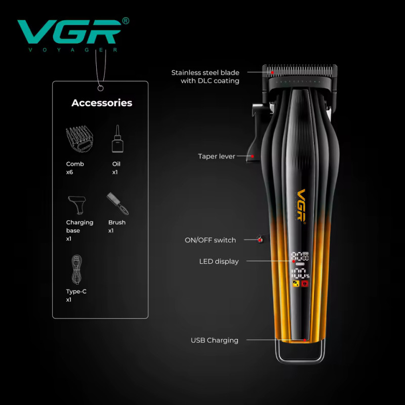 Акумуляторна машинка для стриження (clipper) VGR V-273 GOLD, 6 насадок, 8000 RPM, 3000 mAh, LED display
