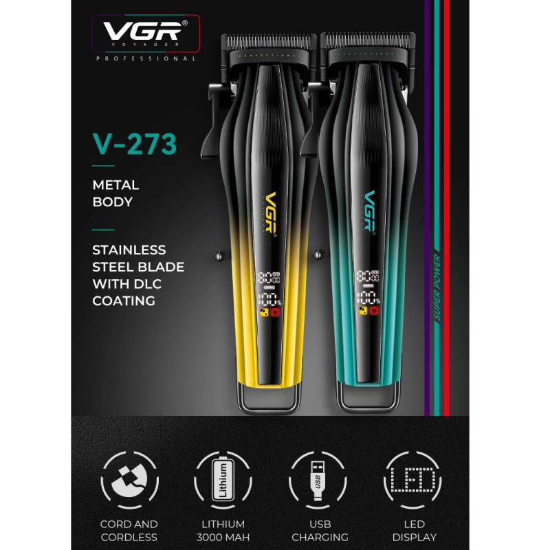 Акумуляторна машинка для стриження (clipper) VGR V-273 GOLD, 6 насадок, 8000 RPM, 3000 mAh, LED display