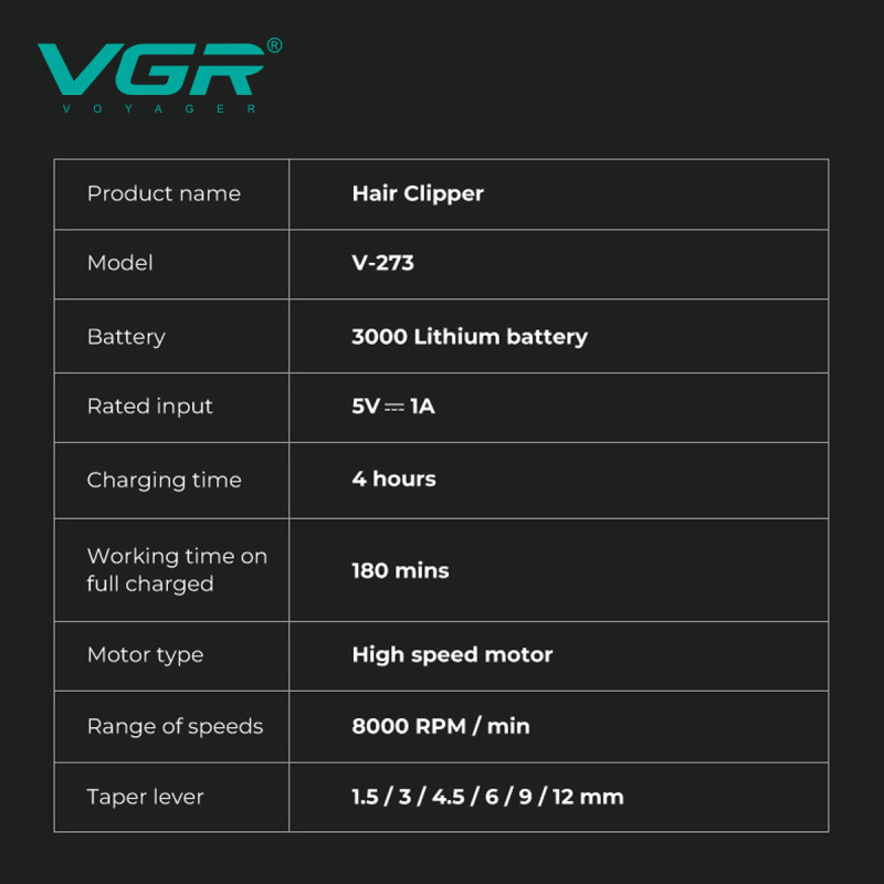 Акумуляторна машинка для стриження (clipper) VGR V-273 GOLD, 6 насадок, 8000 RPM, 3000 mAh, LED display