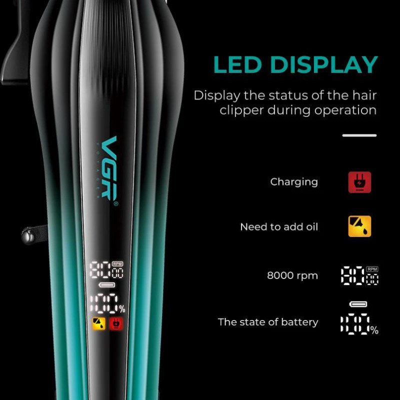 Акумуляторна машинка для стриження (clipper) VGR V-273 GREEN, 6 насадок, 8000 RPM, 3000 mAh, LED display