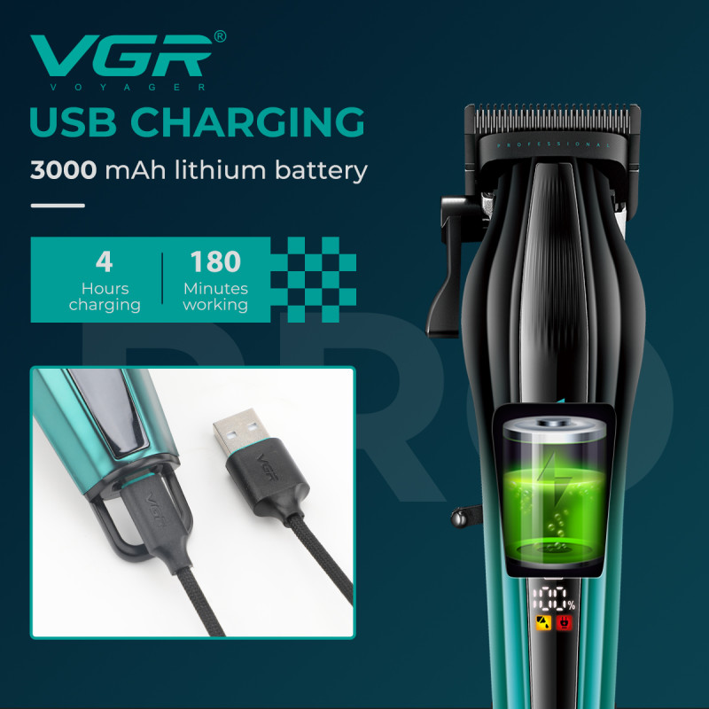 Акумуляторна машинка для стриження (clipper) VGR V-273 GREEN, 6 насадок, 8000 RPM, 3000 mAh, LED display