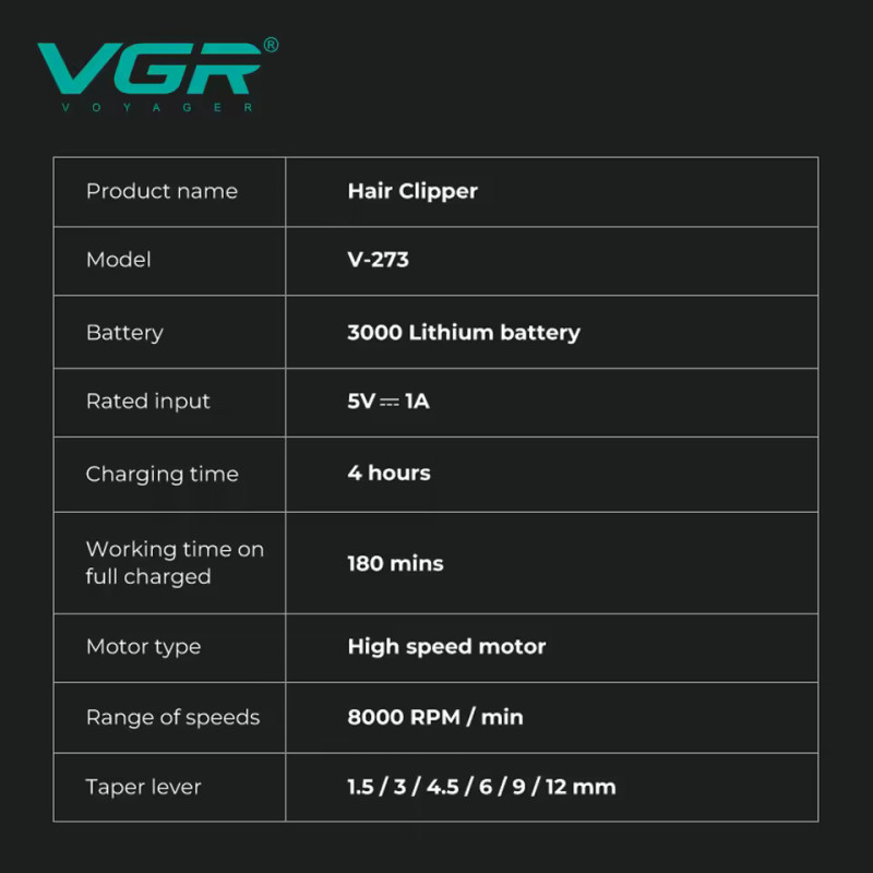 Акумуляторна машинка для стриження (clipper) VGR V-273 GREEN, 6 насадок, 8000 RPM, 3000 mAh, LED display