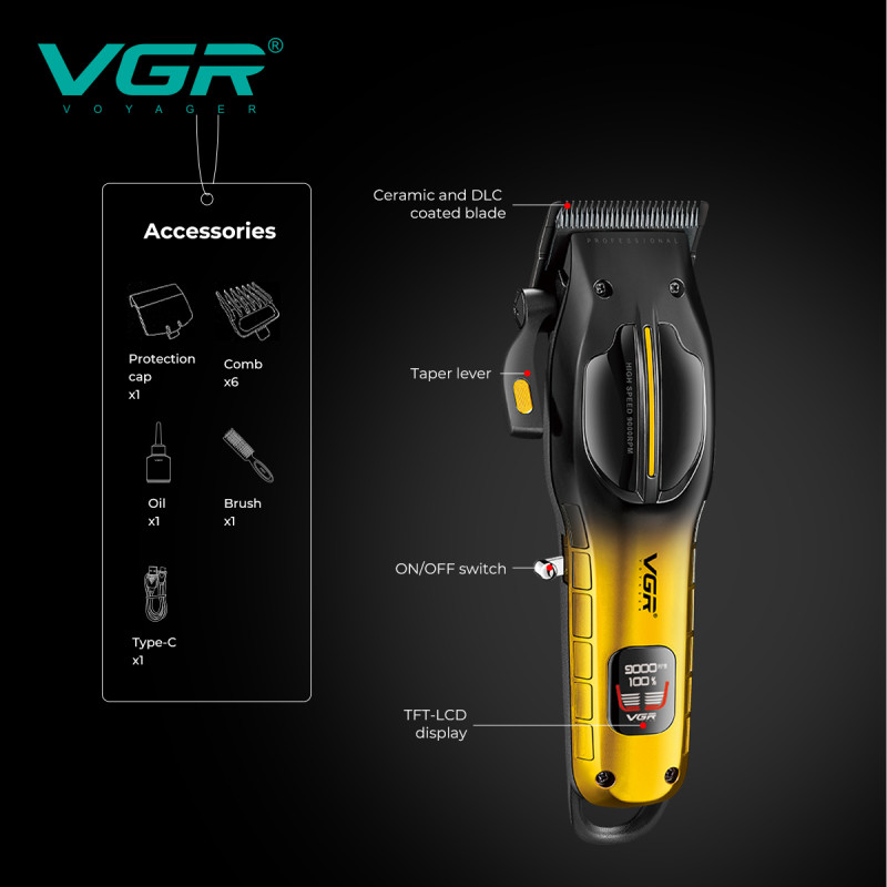 Акумуляторна машинка для стрижки (clipper) VGR V-026 RED, 6 насадок, 9000 RPM, LED display