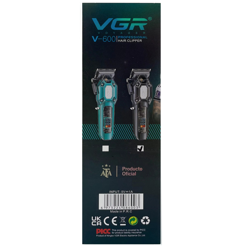 Акумуляторна машинка для стрижки (clipper) VGR V-600 BLACK, 6 насадок, регулятор висоти, LED display, 7000 RPM