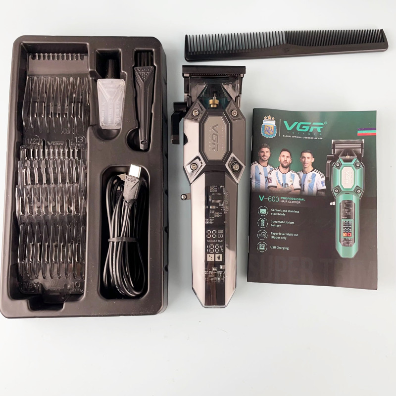 Акумуляторна машинка для стрижки (clipper) VGR V-600 BLACK, 6 насадок, регулятор висоти, LED display, 7000 RPM