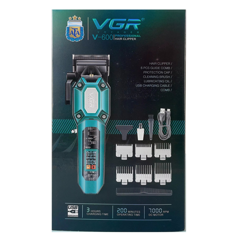 Акумуляторна машинка для стрижки (clipper) VGR V-600 BLACK, 6 насадок, регулятор висоти, LED display, 7000 RPM