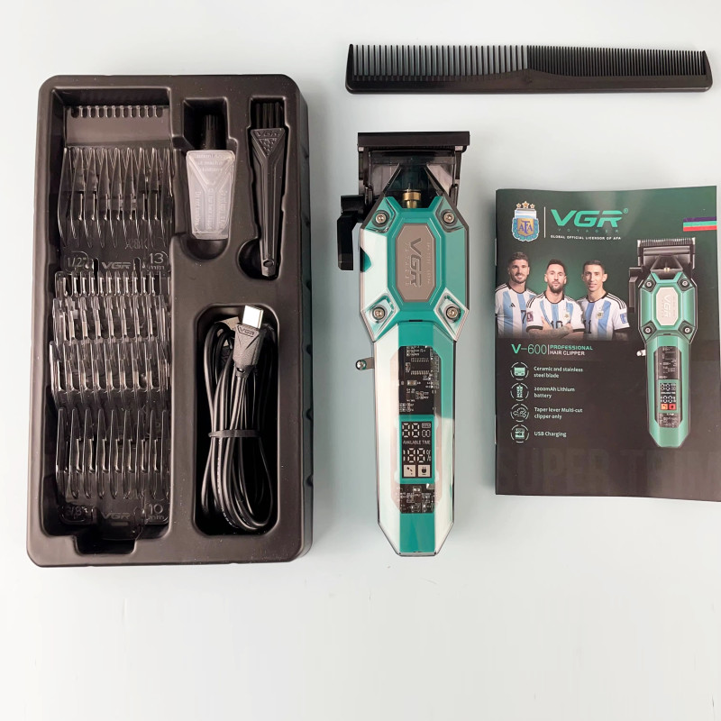 Аккумуляторная машинка для стрижки (clipper) VGR V-600 GREEN, 6 насадок, регулятор высоты, LED display, 7000 RPM оптом в Украине
