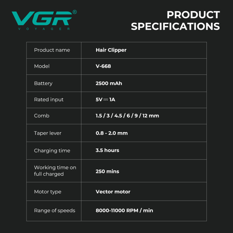 Акумуляторна машинка для стрижки (clipper) VGR V-668, VECTOR MOTOR 8000-11000 RPM, 6 насадок, LED display