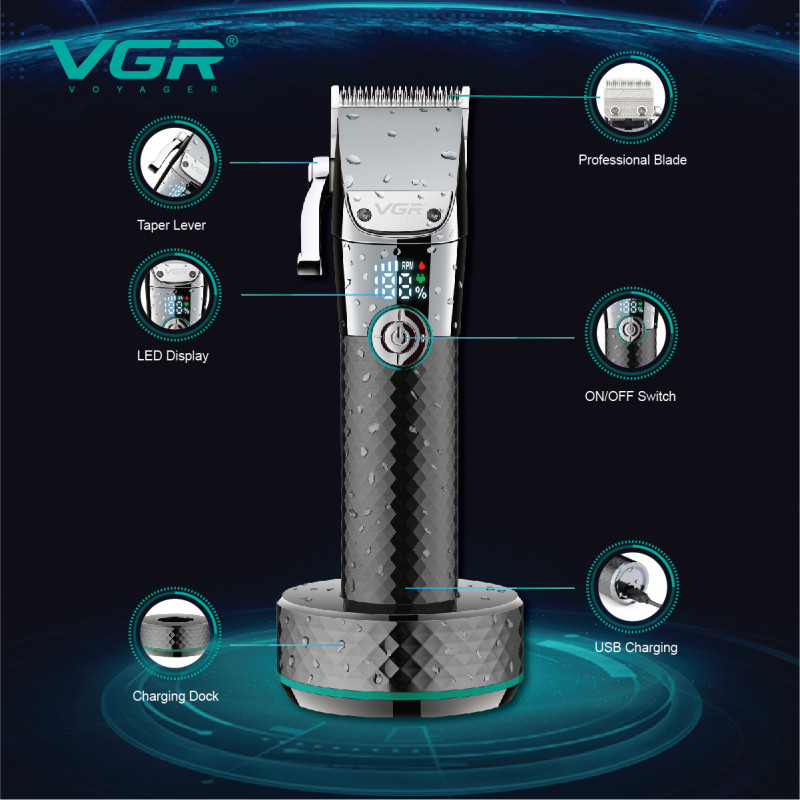 Акумуляторна машинка для стриження (clipper) VGR V-682, 6 насадок, IPX7, LED display
