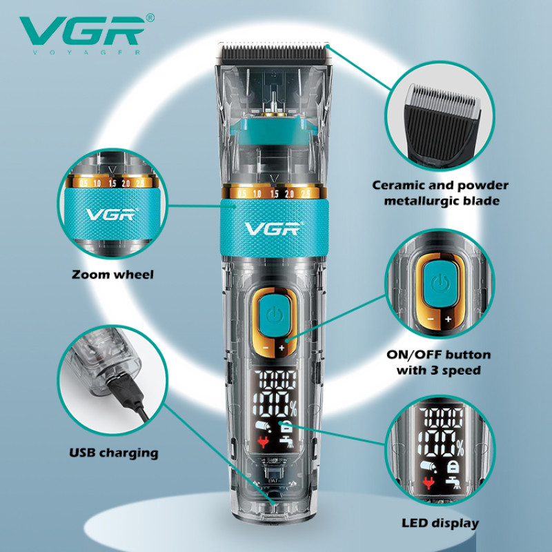 Акумуляторна машинка для стриження (clipper) VGR V-695, 6 насадок, регулятор висоти, LED display