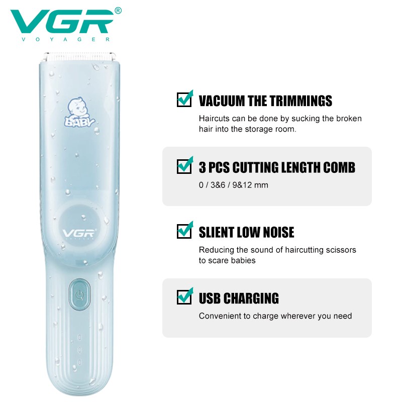 Детская машинка для стрижки с функцией сбора волос VGR V-155 BLUE, 3 безопасные насадки, бесшумная, IPX8 оптом в Украине