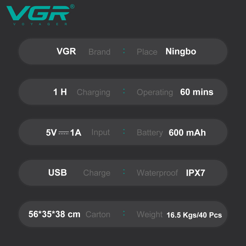 Електробритва VGR 3 в 1 V-303, 3 насадки, IPX7, LED display