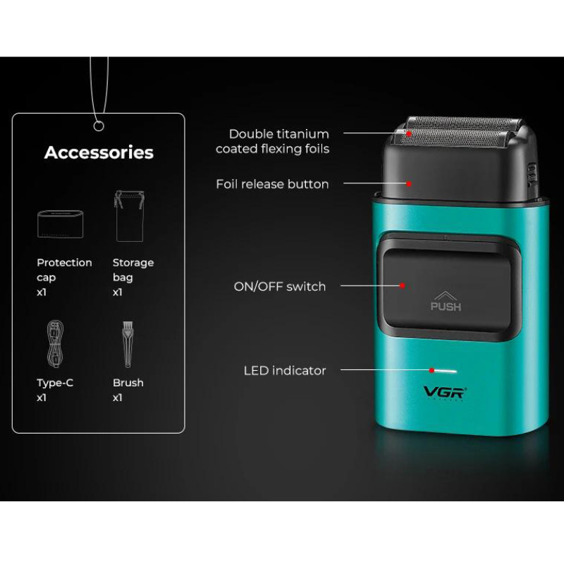 Електробритва VGR V-307 GREEN шейвер, подвійне лезо, 2000mAh, 9000 RPM