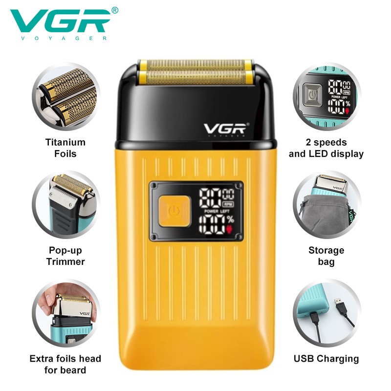 Електробритва VGR V-357 шейвер GOLD, подвійне лезо, 2 насадки, висувний тример, IPX6, LED display