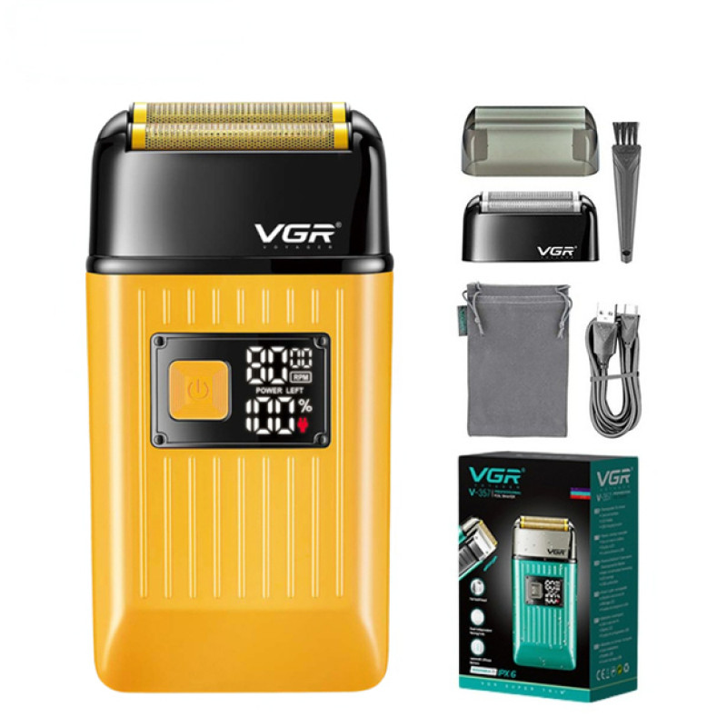 Електробритва VGR V-357 шейвер GOLD, подвійне лезо, 2 насадки, висувний тример, IPX6, LED display