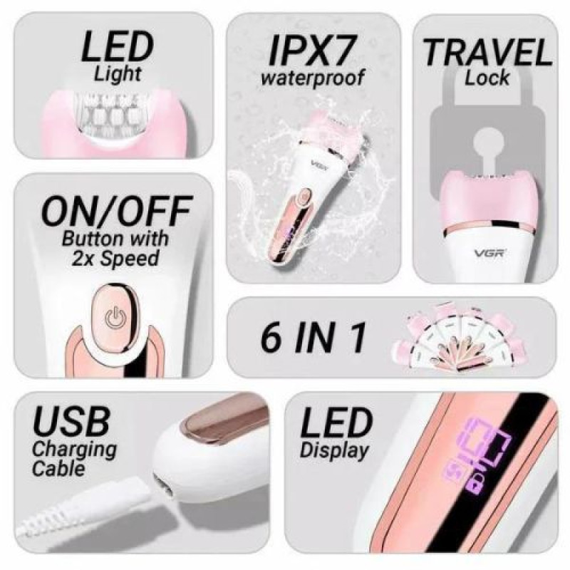 Епілятор VGR 6 в 1 V-733 PINK, 12 насадок, IPX7, LED display