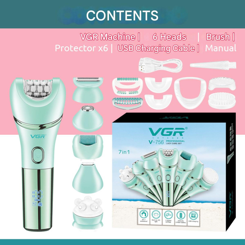 Епілятор VGR 7 в 1 V-756 GREEN, 7 насадок, IPX7