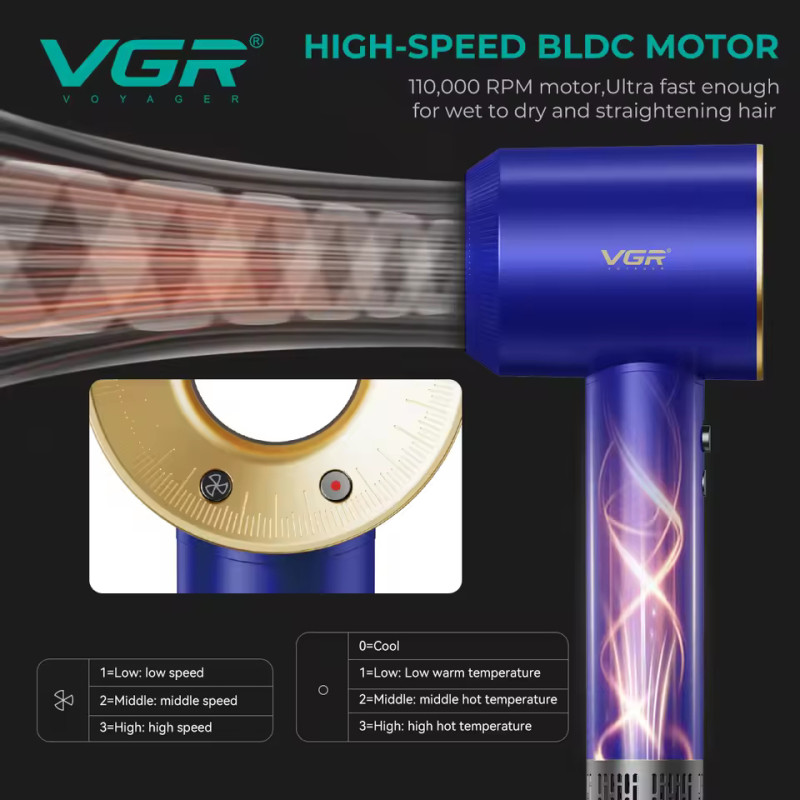 Фен професійний VGR V-445 BLUE, 3 рівні обдування, 4 рівні температури, 1600 Вт, 110000 RPM