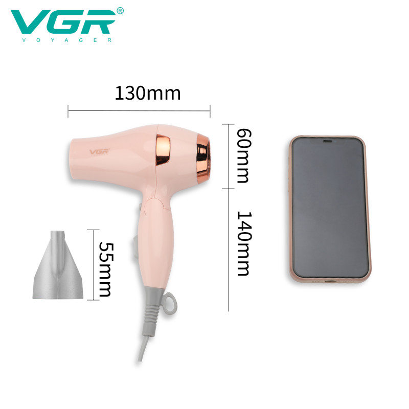 Фен складаний VGR V-432 PINK, 3 рівні обдування, низький рівень шуму, 1200 Вт