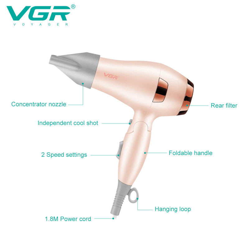 Фен складаний VGR V-432 PINK, 3 рівні обдування, низький рівень шуму, 1200 Вт
